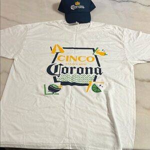 Corona White T-Shirt with Colorful Cinco Design with corona cap
